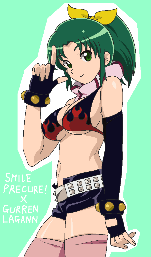 1girl, belt, bikini, bikini_top_only, breasts, copyright_name, cosplay, derivative_work, female_focus, fingerless_gloves, gloves, green_background, green_eyes, green_hair, j9mz23, large_breasts, midorikawa_nao, navel, precure, ribbon, short_shorts, shorts, smile, smile_precure!, solo, studded_belt, swimsuit, tengen_toppa_gurren_lagann, thighhighs, voice_actor_connection, yoko_littner, yoko_littner_(cosplay), zettai_ryouiki