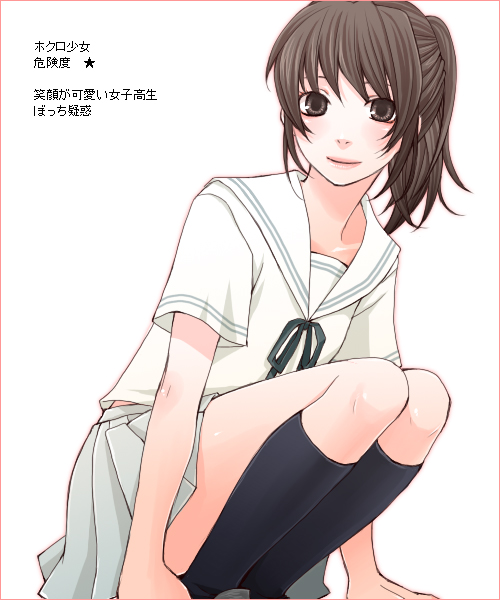 1girl, brown_hair, danshi_koukousei_no_nichijou, hokuro_shoujo, long_hair, ponytail, rikko_(jellyberry), school_uniform