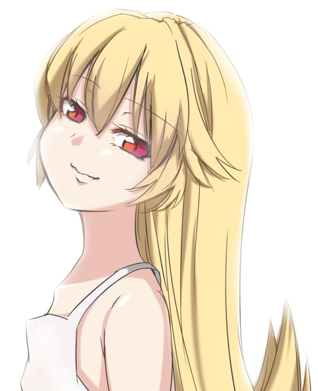 1girl, bakemonogatari, blonde_hair, cosplay, embodiment_of_scarlet_devil, fang, female_focus, flandre_scarlet