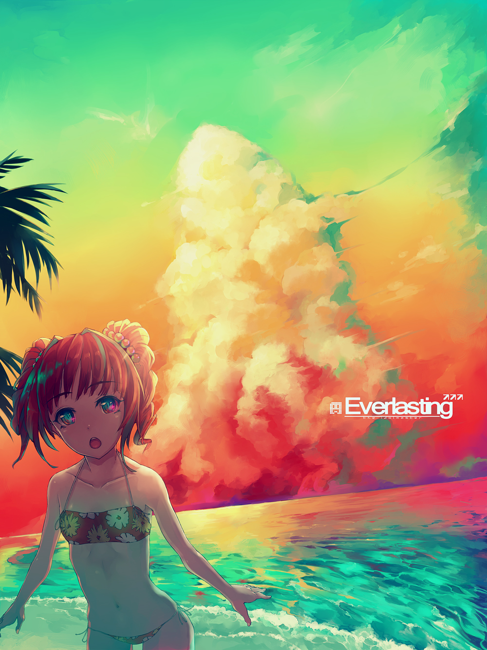 1girl, :o, bad_id, bad_pixiv_id, beach, bikini, cloud, dutch_angle