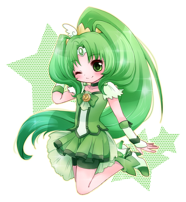 10s, 1girl, boots, bow, bowtie, chibi, circlet, cure_march, dress, eyelashes, female_focus, green_bow, green_bowtie, green_eyes, green_hair, green_shorts, green_skirt, green_theme, jumping, long_hair, matching_hair/eyes, midorikawa_nao, one_eye_closed, precure, ribbon, sakurya, shorts, shorts_under_skirt, skirt, smile, smile_precure!, solo, star_(symbol), tiara, tri_tails, wink