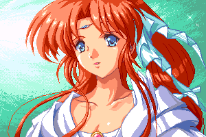 blue_eyes, circlet, falcom, green_background, hair_ribbon, legend_of_xanadu, long_hair, lowres