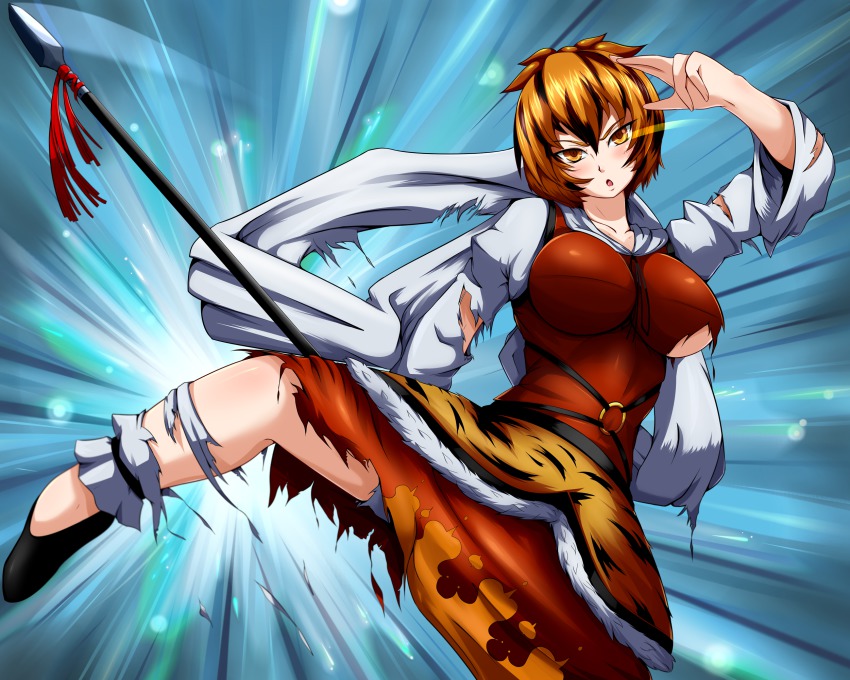 1girl, breasts, brown_eyes, brown_hair, female_focus, fighting_stance, highres, kicking