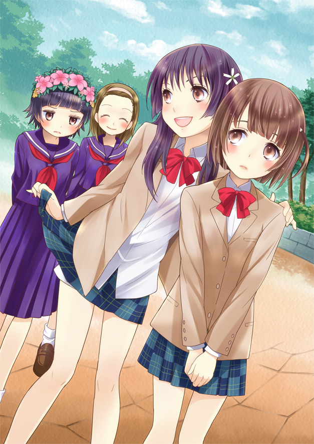 4girls, :d, ^_^, alternate_costume, bad_id, bad_pixiv_id, black_hair, blazer