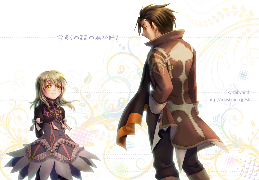 1boy, 1girl, alvin_(tales), blonde_hair, brown_eyes, brown_hair, coat, ascot