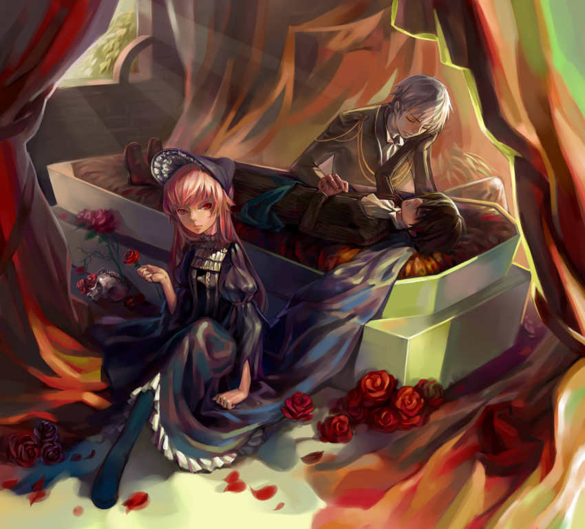 1girl, 2boys, absurdres, akise_aru, amano_yukiteru, brown_hair, closed_eyes, coffin