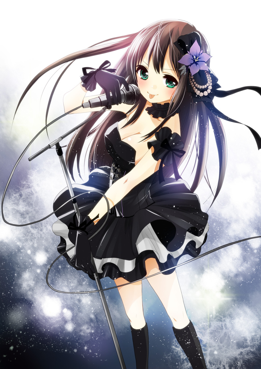 10s, 1girl, :p, bare_shoulders, black_gloves, black_socks, bow, breasts