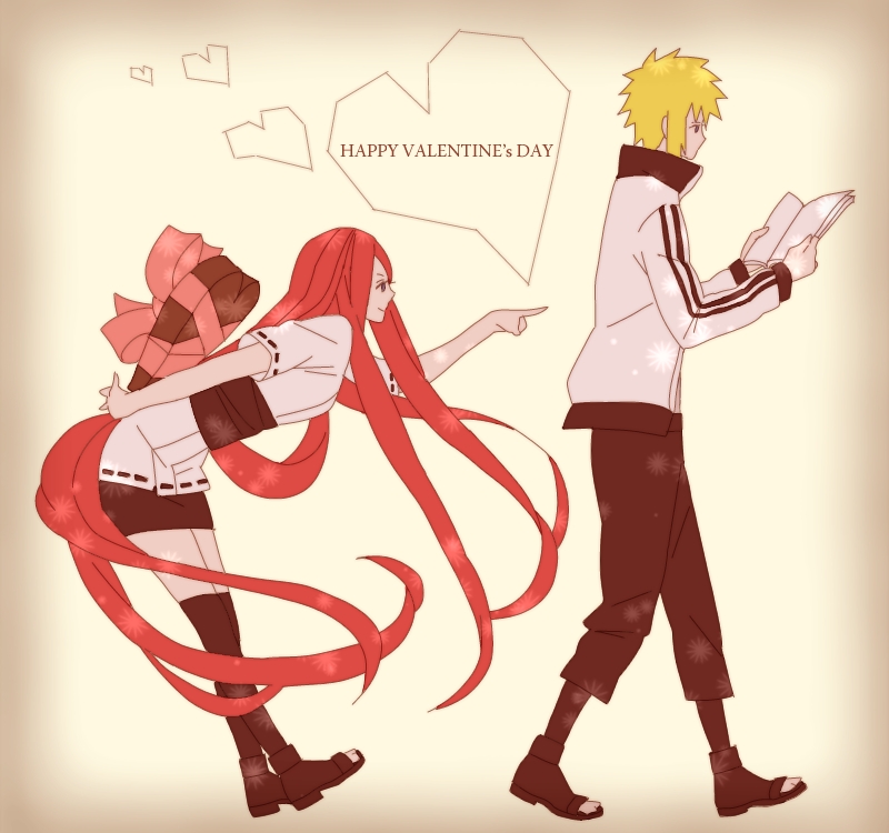 1boy, 1girl, araraxo, bent_over, black_legwear, blonde_hair, heart, long_hair, namikaze_minato, naruto_(series), naruto_shippuuden, pointing, red_hair, standing, uzumaki_kushina, valentine, very_long_hair