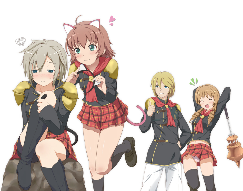 1boy, 3girls, animal_ears, blonde_hair, blush, boots, cat_ears, cat_tail