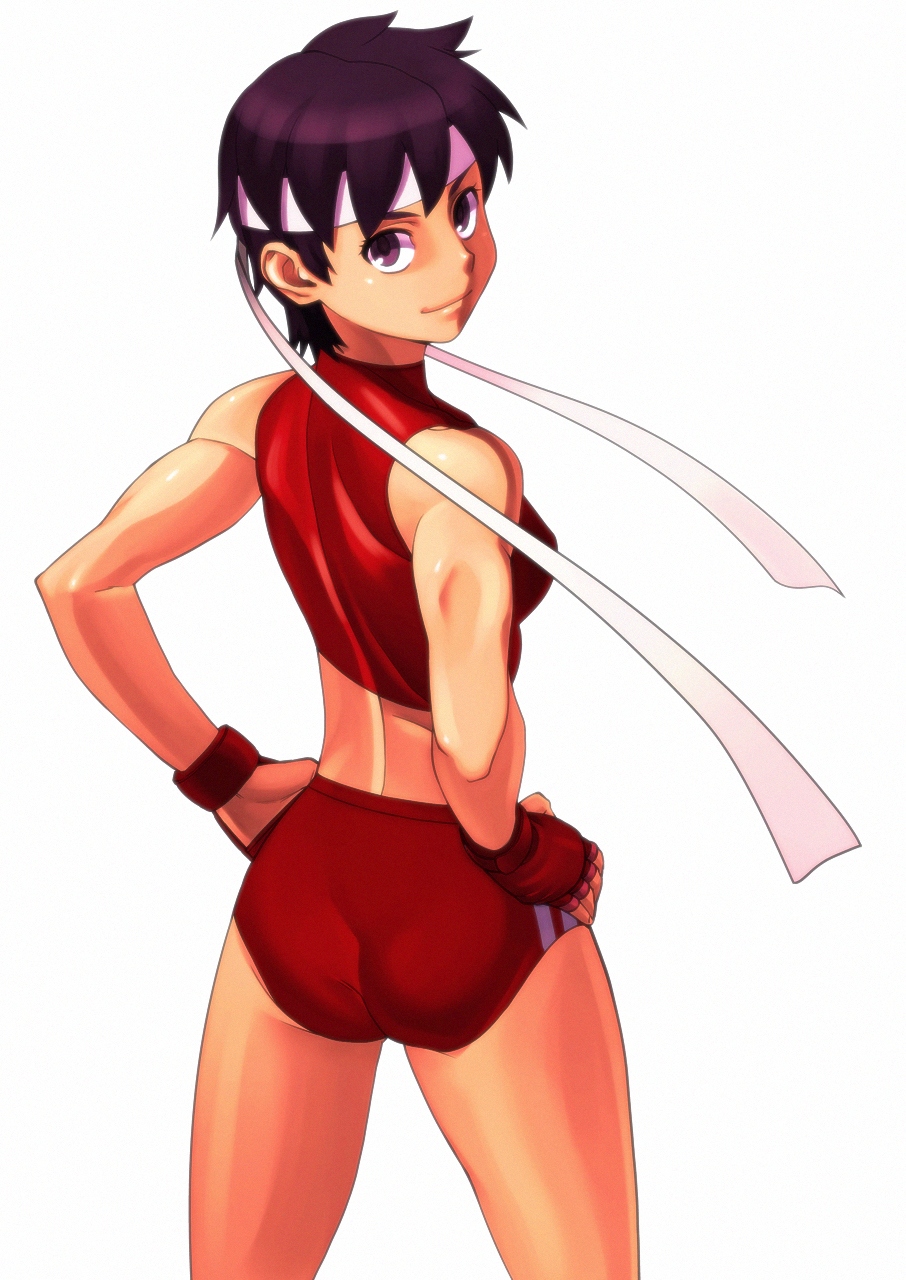 1girl, 4st_injection, ass, bandana, brown_eyes, brown_hair, buruma, capcom, female_focus, highres, kasugano_sakura, looking_back, muscular, simple_background, smile, solo, street_fighter, underwear, white_background