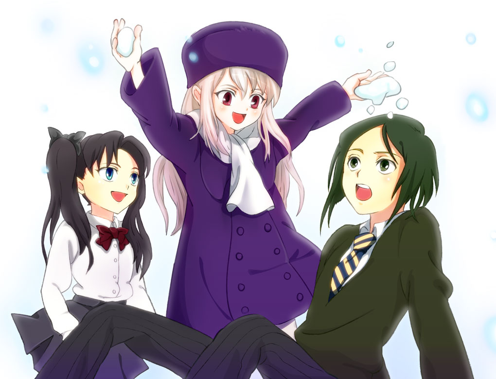 1boy, 2girls, black_hair, blue_eyes, bow, chrom023, coat, fate/zero