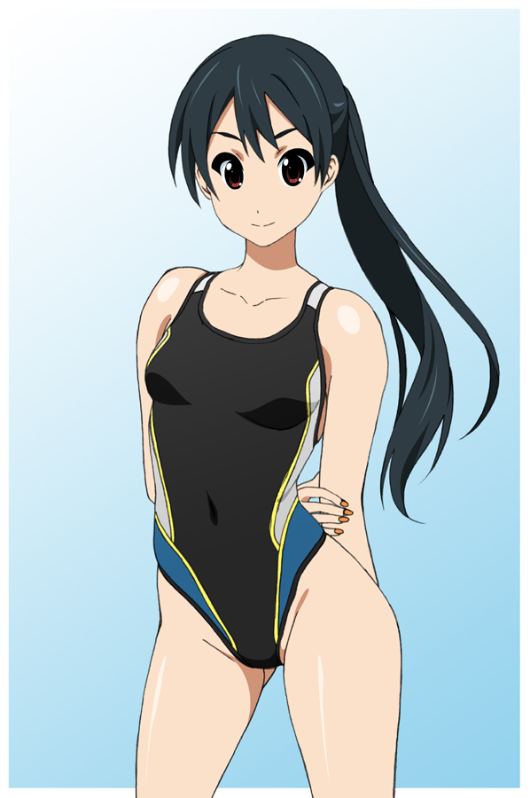 1girl, akane_(fukuoka_katsumi), arms_behind_back, bare_arms, bare_shoulders, black_hair, blue_background, breasts