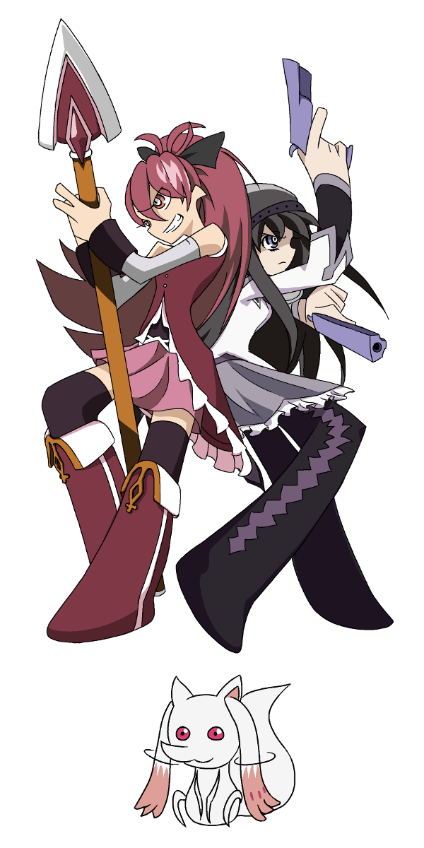 2girls, akemi_homura, akemi_homura_(magical_girl), argyle_clothes, argyle_legwear, black_pantyhose, black_thighhighs, derivative_work