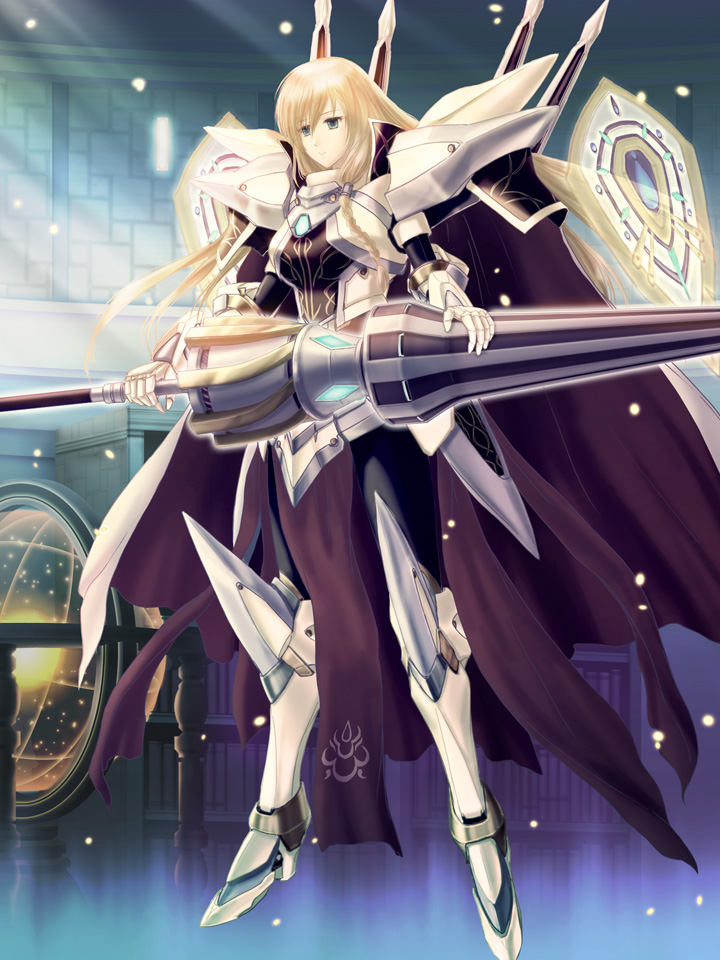 1girl, ao_no_kiseki, arianrhod, arianrhod_(eiyuu_densetsu), armor, blonde_hair, boots, braid, cape, eiyuu_densetsu, expressionless, female_focus, gloves, greaves, green_eyes, huge_weapon, knee_boots, long_hair, ntake_toukasaien, polearm, solo, spear, weapon