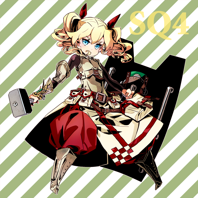 1girl, armor, atlus, belt, blonde_hair, blue_eyes, bow, curly_hair, etrian_odyssey, female_focus, fortress_(sekaiju), fortress_2_(sekaiju), hair_bow, hammer, kiguchi_(aprico), pouch, sekaiju_no_meikyuu, sekaiju_no_meikyuu_4, shield, short_hair, solo, twintails, weapon