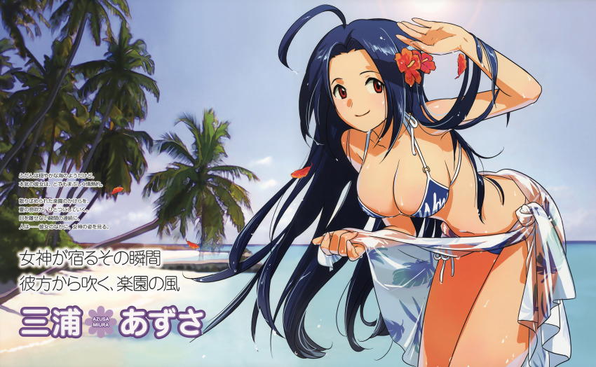 00s, 1girl, absurdres, ahoge, annindoufu_(oicon), beach, bikini, black_hair, breasts, brown_eyes, clothes_lift, day, female_focus, flower, hair_flower, hair_ornament, hibiscus, highres, idolmaster, idolmaster_(classic), idolmaster_1, kusumegi_shin'ya, large_breasts, leaning_forward, long_hair, miura_azusa, ocean, official_art, outdoors, sarong, sarong_lift, see-through_clothes, see-through_sarong, side-tie_bikini_bottom, smile, solo, swimsuit, very_long_hair, water