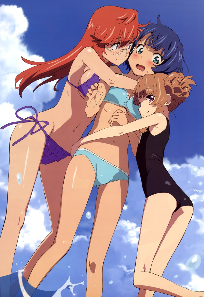 10s, 3girls, absurdres, ano_natsu_de_matteru, ass, bikini, blue_eyes, blue_hair