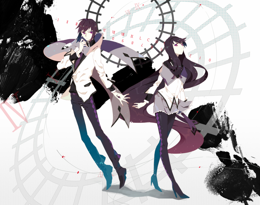 10s, 1boy, 1girl, akemi_homura, akemi_homura_(magical_girl), bad_id, bad_pixiv_id, dual_persona, genderswap, genderswap_(ftm), long_hair, magical_boy, magical_girl, mahou_shoujo_madoka_magica, mahou_shoujo_madoka_magica_(anime), pantyhose, punch_(punchrecipe), purple_eyes, roman_numeral, scarf, short_hair, very_long_hair