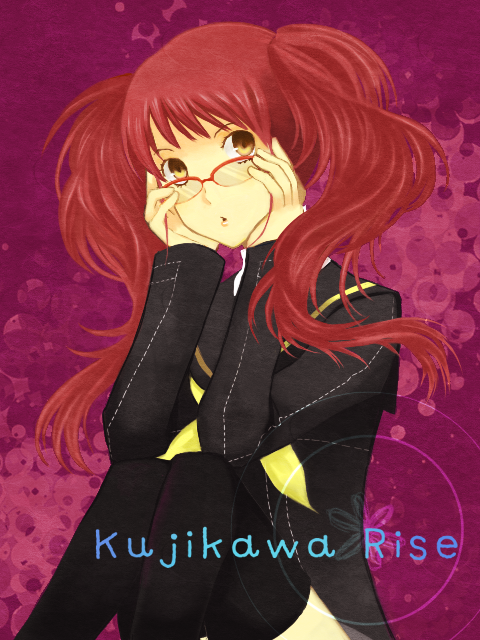 1girl, adjusting_eyewear, atlus, bad_id, bad_pixiv_id, brown_eyes, female_focus, glasses, kujikawa_rise, legs, lie_(eiru), lips, long_hair, persona, persona_4, pink_hair, school_uniform, serafuku, solo, thighhighs, zettai_ryouiki