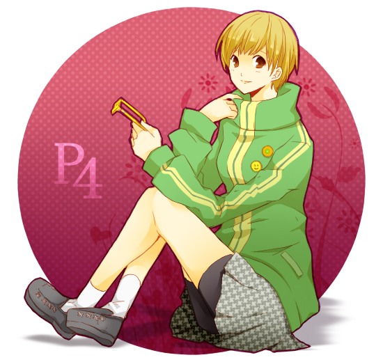 1girl, atlus, bad_id, bad_pixiv_id, badge, breasts, brown_hair, button_badge, circle, copyright_name, unworn_eyewear, glasses, holding, holding_removed_eyewear, legs, lie_(eiru), looking_at_viewer, persona, persona_4, satonaka_chie, shoes, short_hair, sitting, skirt, socks, turtleneck, yellow-framed_eyewear, zipper