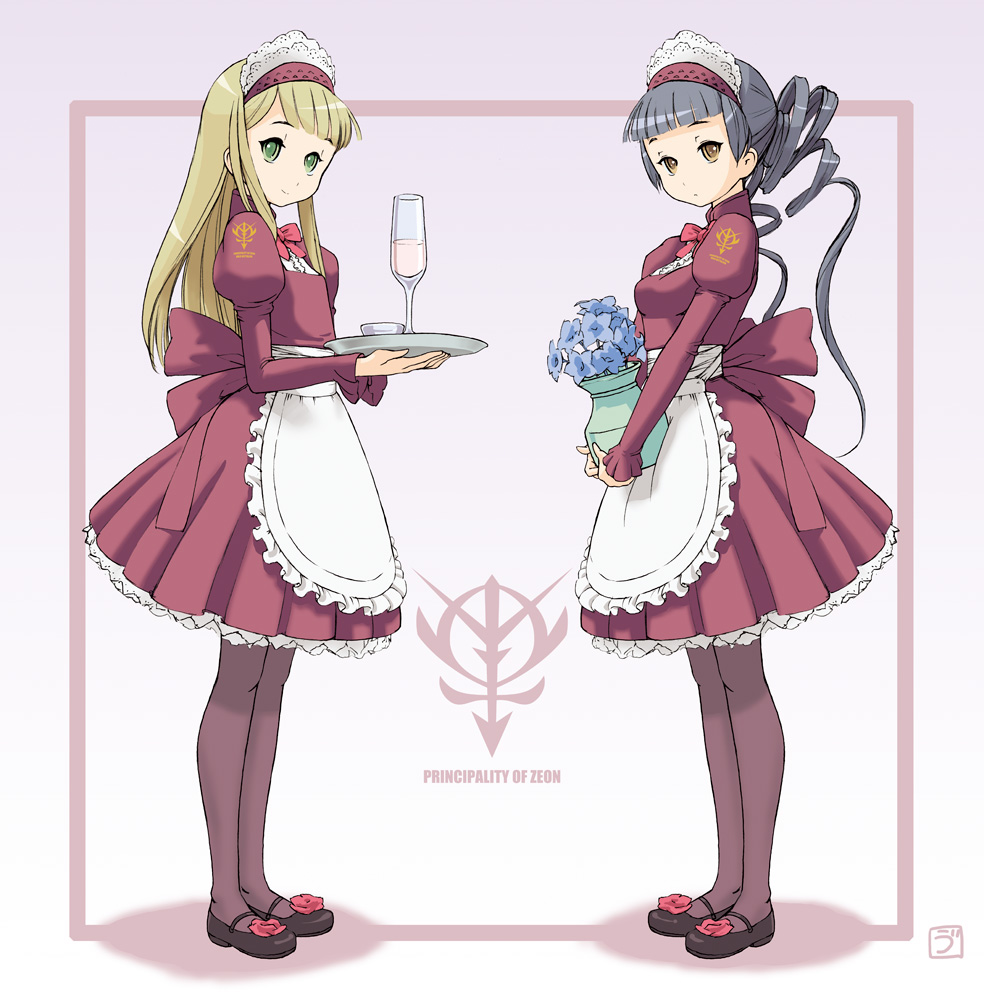 2girls, blonde_hair, blue_hair, brown_eyes, cup, drinking_glass, flower, green_eyes