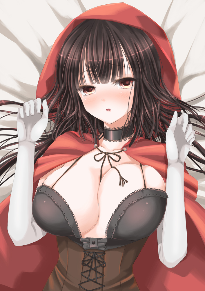 1girl, blush, breasts, brown_hair, bustier, choker, cleavage, cloak, collarbone, cosplay, elbow_gloves, female_focus, gloves, hiroharu, hood, hooded_cloak, itsumoto_hiroharu, large_breasts, little_red_riding_hood_(fairy_tale), little_red_riding_hood_(fairy_tale_character)_(cosplay), little_red_riding_hood_(fairy_tale_character), long_hair, lying, on_back, open_mouth, original, parted_lips, skindentation, solo, tears, unaligned_breasts, white_gloves