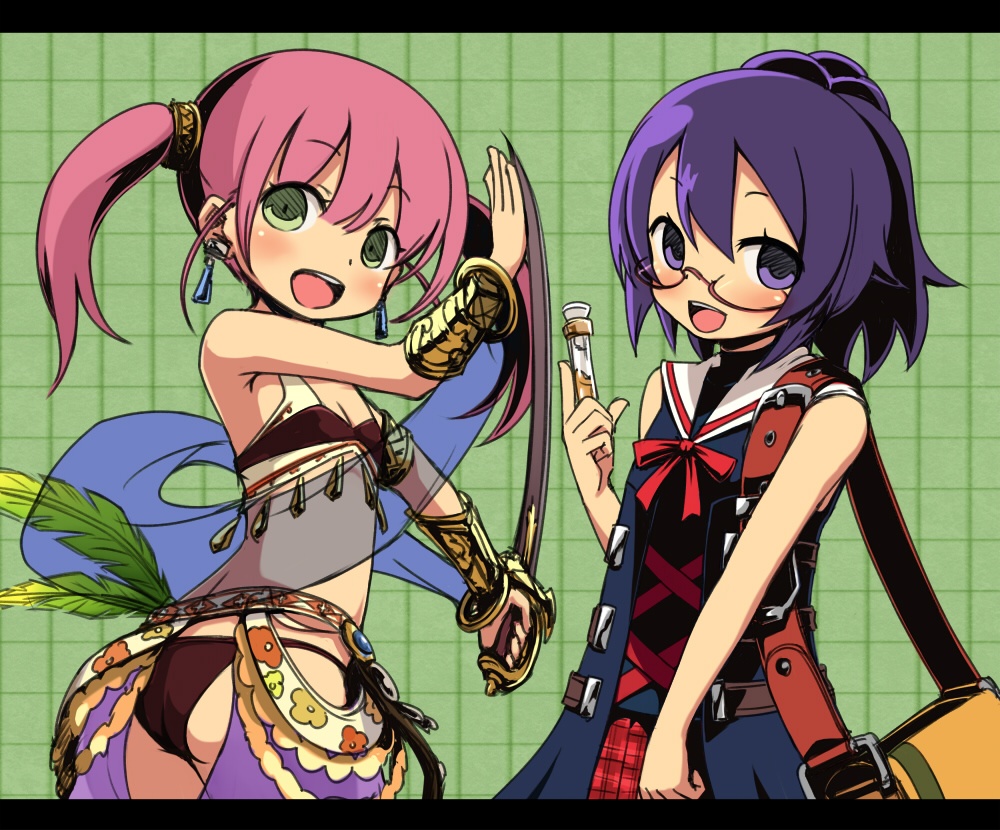 2girls, ass, atlus, bikini, chaps, dancer_(sekaiju), dancer_2_(sekaiju), etrian_odyssey, flat_chest, glasses, green_eyes, long_hair, medic_(sekaiju_4), medic_2_(sekaiju_4), multiple_girls, negija, pink_hair, purple_eyes, purple_hair, sekaiju_no_meikyuu, sekaiju_no_meikyuu_4, short_hair, smile, swimsuit, sword, twintails, vial, weapon