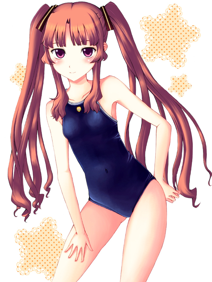 10s, 1girl, ano_natsu_de_matteru, bare_shoulders, blush, brown_eyes, brown_hair, competition_school_swimsuit, covered_navel, female_focus, flat_chest, hand_on_own_hip, hand_on_own_thigh, hand_on_thigh, leaning_forward, long_hair, looking_at_viewer, neuron_(exceed), one-piece_swimsuit, school_swimsuit, solo, swimsuit, twintails, yamano_remon