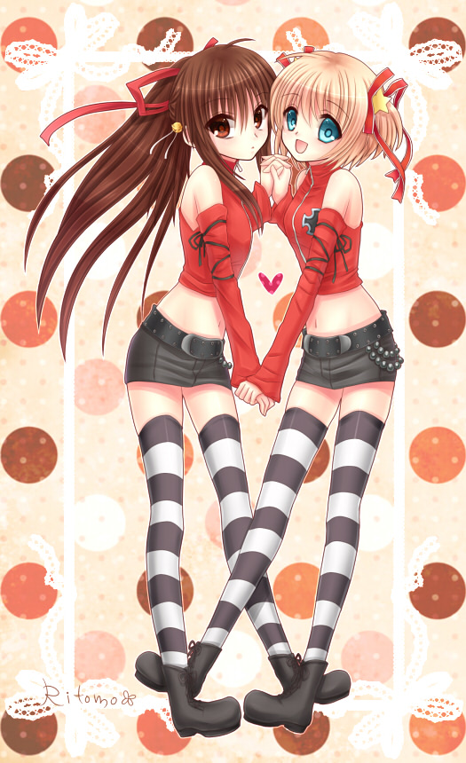 blonde_hair, blue_eyes, brown_hair, detached_sleeves, holding_hands, kamikita_komari, little_busters!, long_hair