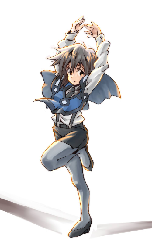 1990s_(style), 1girl, arms_up, black_hair, brown_eyes, female_focus, grey_pantyhose, high_heels, leg_lift, melfina, melfina_(outlaw_star), necktie, outlaw_star, pantyhose, retro_artstyle, shadow, shoes, smile, solo, standing, standing_on_one_leg, suspenders, thor_(pixiv240171)