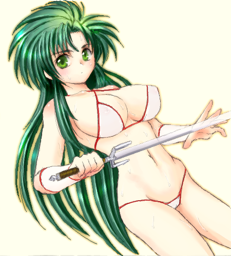 1girl, bikini, female_focus, golden_axe, green_hair, jochuu-san, lowres, micro_bikini, oekaki, original, sega, solo, swimsuit, weapon, white_bikini, yagisaka_seto