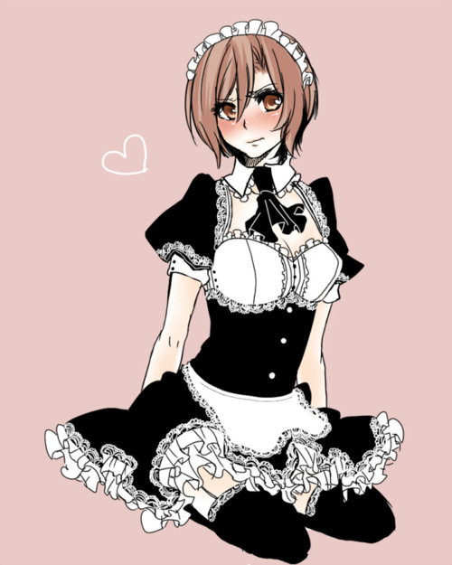 1girl, apron, bad_id, bad_pixiv_id, blush, female_focus, frills, heart, looking_at_viewer, maid, maid_apron, meiko_(vocaloid), muro_(ninimohu), simple_background, sitting, solo, tsundere, vocaloid