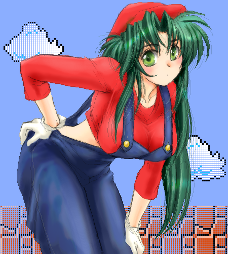 1girl, cosplay, female_focus, green_hair, jochuu-san, lowres, mario, mario_(cosplay), mario_(series), nintendo, oekaki, original, solo, super_mario_bros._1, yagisaka_seto