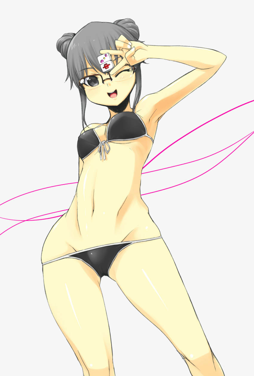 1girl, armpits, bikini, black_bikini, board_game, dice, double_bun, dream_c_club