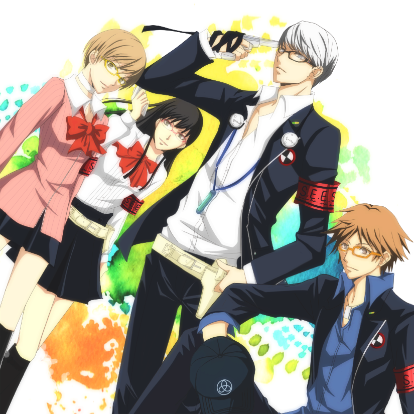 2boys, 2girls, amagi_yukiko, atlus, black_hair, breasts, brown_hair, cosplay, dutch_angle, glasses, grey_hair, hanamura_yousuke, iori_junpei, iori_junpei_(cosplay), jacket, junpei_iori, junpei_iori_(cosplay), kirijou_mitsuru, kirijou_mitsuru_(cosplay), kneehighs, long_hair, multiple_boys, multiple_girls, narukami_yu, pants, persona, persona_3, persona_4, ponchizamurai, ribbon, satonaka_chie, sitting, skirt, socks, spiked_hair, standing, takeba_yukari, takeba_yukari_(cosplay), yuuki_makoto_(cosplay), yuuki_makoto_(persona_3)