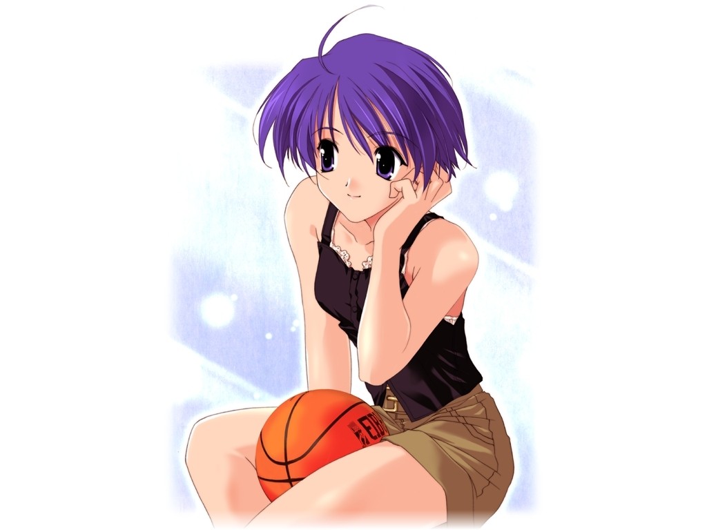 00s, 1girl, ball, basketball, basketball_(object), blue_hair, female_focus, gokajo_satsuki