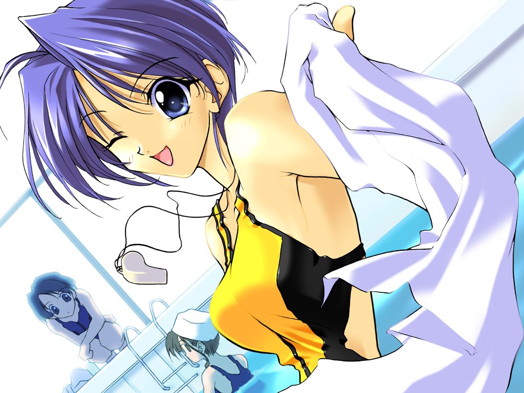 00s, 3girls, ;d, armpits, black_hair, blue_eyes, blue_hair, casual_one-piece_swimsuit