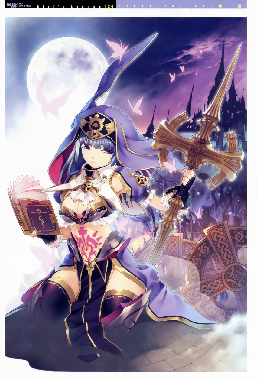 1girl, absurdres, black_thighhighs, blue_hair, book, breasts, bug, butterfly