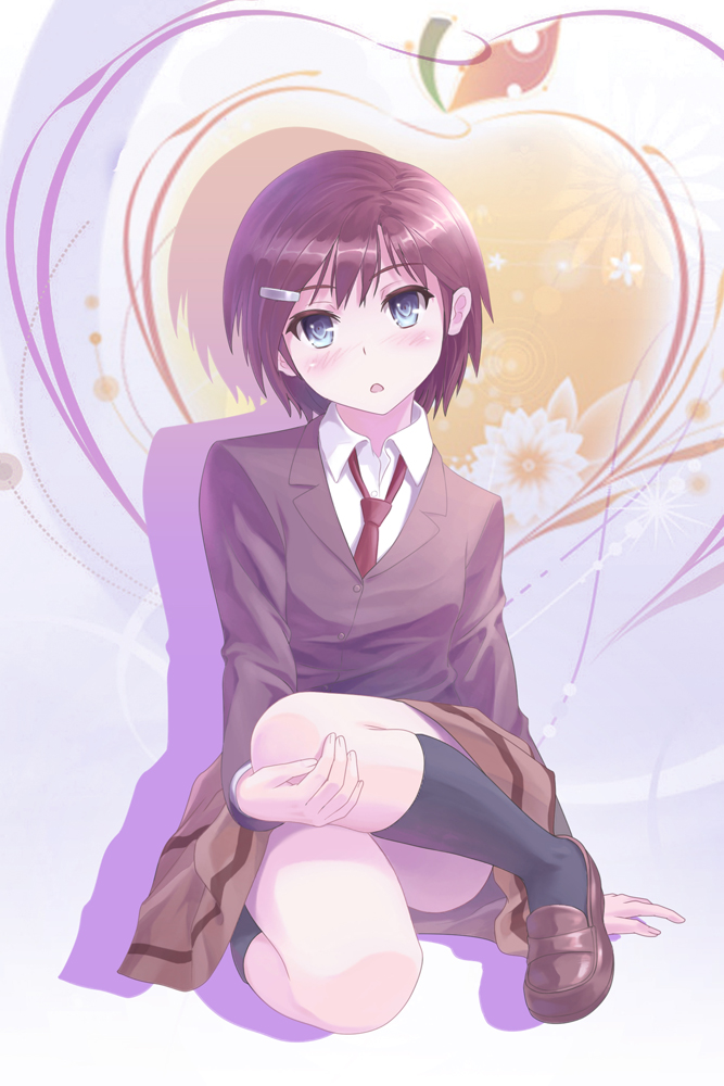 1girl, :o, apple, black_socks, blazer, blue_eyes, blush, brown_hair