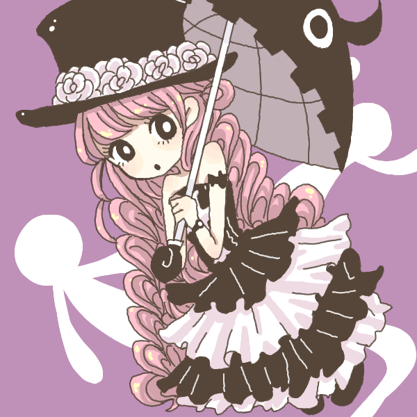 1girl, bat_(symbol), black_dress, boots, chibi, curly_hair, dress, female_focus, flower, flying, ghost, gothic_lolita, hat, lolita_fashion, long_hair, noo-chan, one_piece, perona, pink_hair, rose, sabaody_archipelago, solo, tattoo, umbrella, watch