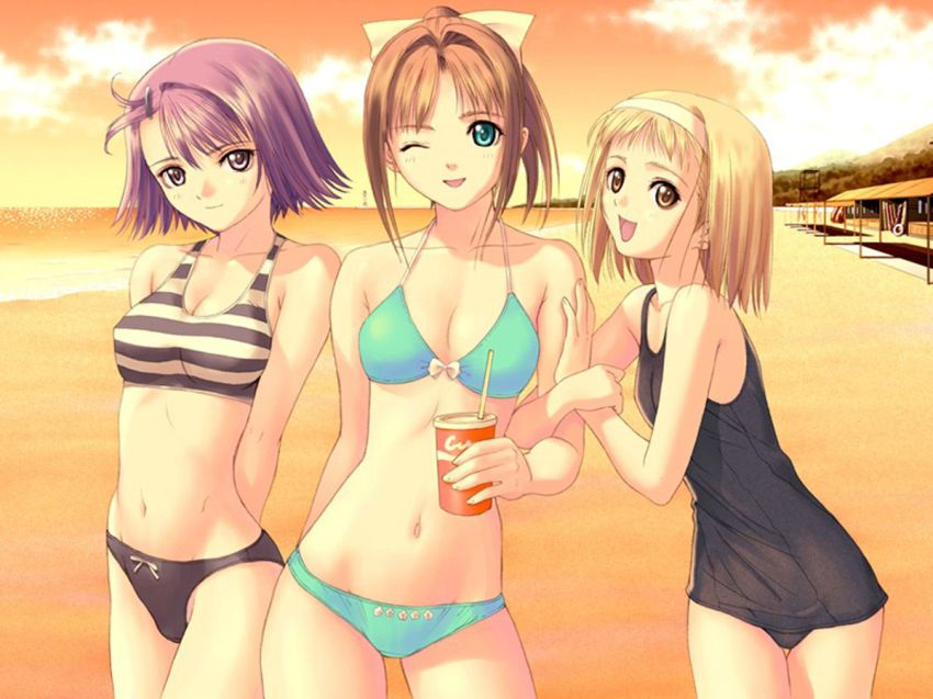 00s, 3girls, after_(game), aqua_eyes, arm_hug, arms_behind_back, beach, bikini
