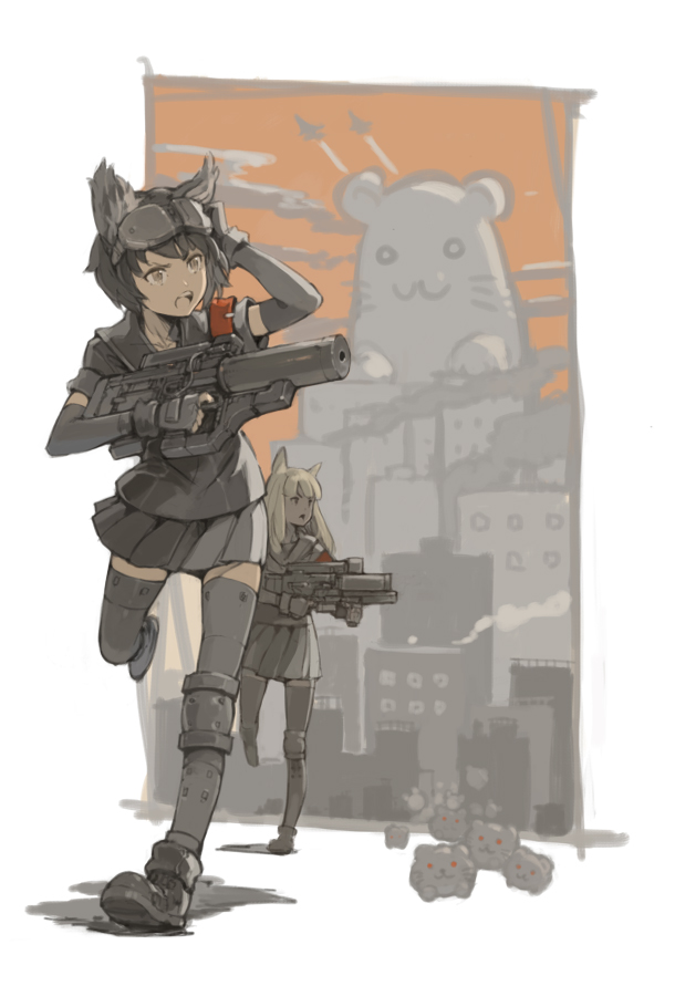 2girls, :3, aircraft, airplane, animal, animal_ears, armband, black_hair