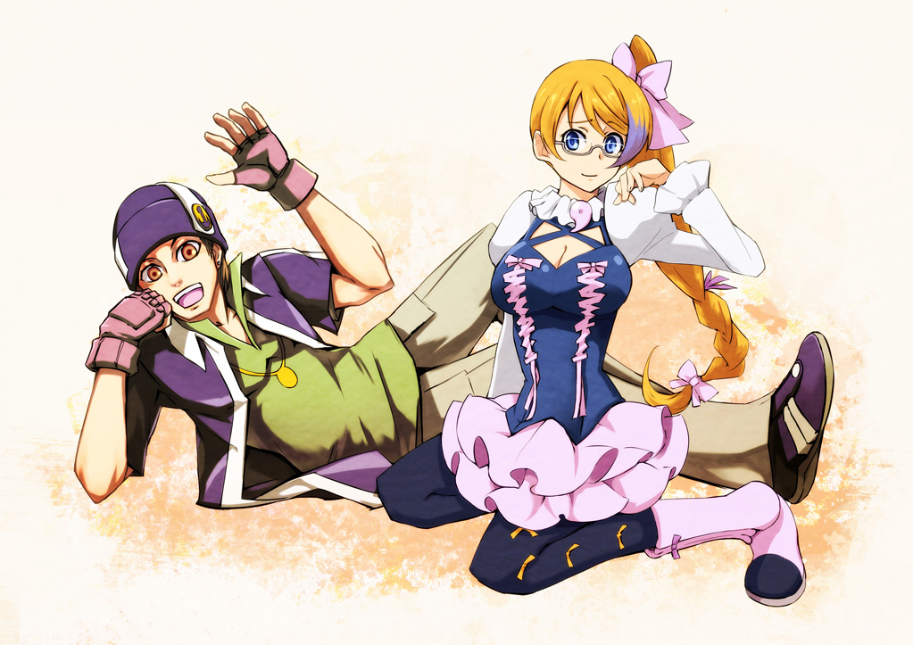 10s, 1boy, 1girl, andy_w_hall, aquarion_(series), aquarion_evol, bad_id, bad_pixiv_id, blue_eyes, braid, breasts, cleavage, fingerless_gloves, glasses, gloves, hat, kaoru348, long_hair, medium_breasts, mix_(aquarion), orange_eyes, pantyhose