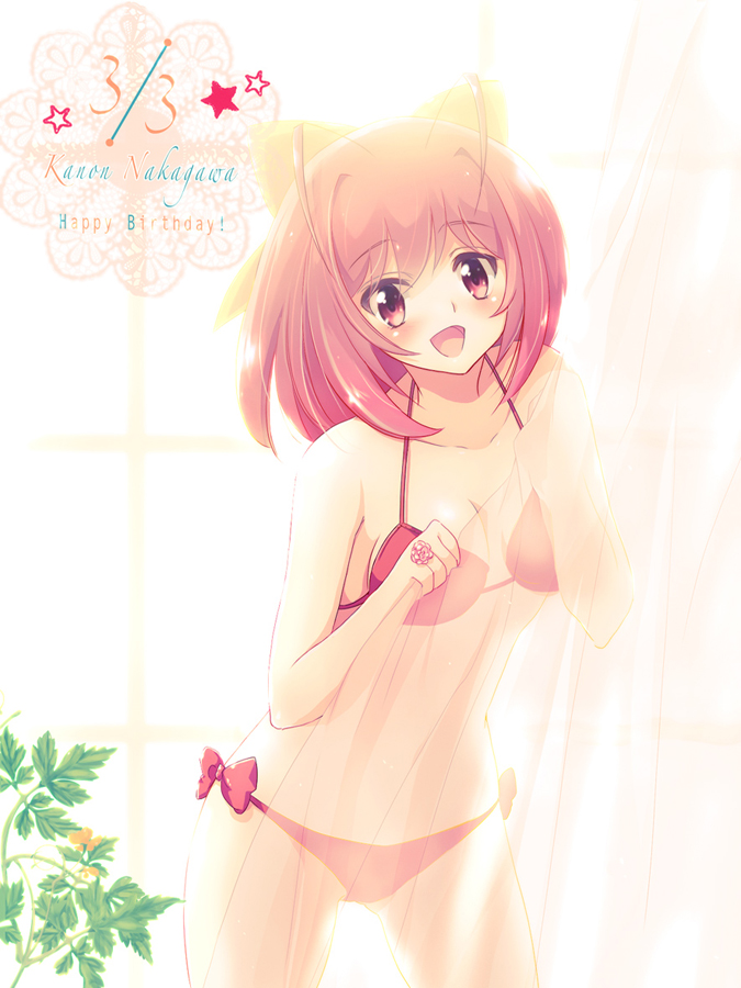 1girl, bikini, curtains, female_focus, happy_birthday, kami_nomi_zo_shiru_sekai, nakagawa_kanon, pink_eyes