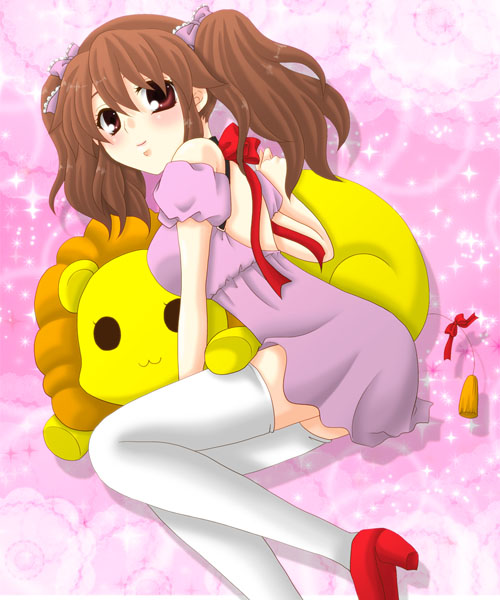 asahina_mikuru, brown_eyes, brown_hair, dress, lion, long_hair, mugen_lion, stuffed_animal