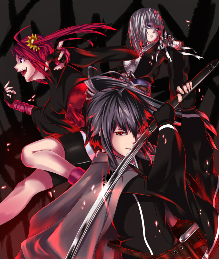 3girls, bandages, benitsubasa, bike_shorts, claws, fingerless_gloves, gloves, haihane