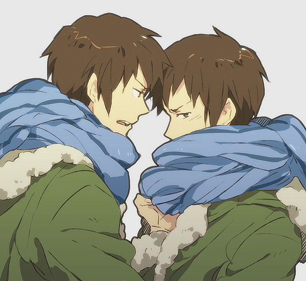 10s, 2boys, brown_hair, clothes_grab, collar_grab, kyon, male_focus, multiple_boys, neckwear_grab, short_hair, simple_background, suzumiya_haruhi_no_shoushitsu, suzumiya_haruhi_no_yuuutsu, time_paradox, white_background, zan_nenko
