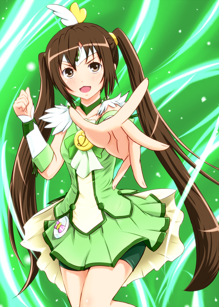 1girl, brown_eyes, brown_hair, cosplay, cure_march, cure_march_(cosplay), diesel-turbo, female_focus, green_shorts, green_skirt, green_theme, long_hair, midorikawa_nao_(cosplay), minami-ke, minami_kana, precure, shorts, shorts_under_skirt, skirt, smile_precure!, solo, twintails, voice_actor_connection