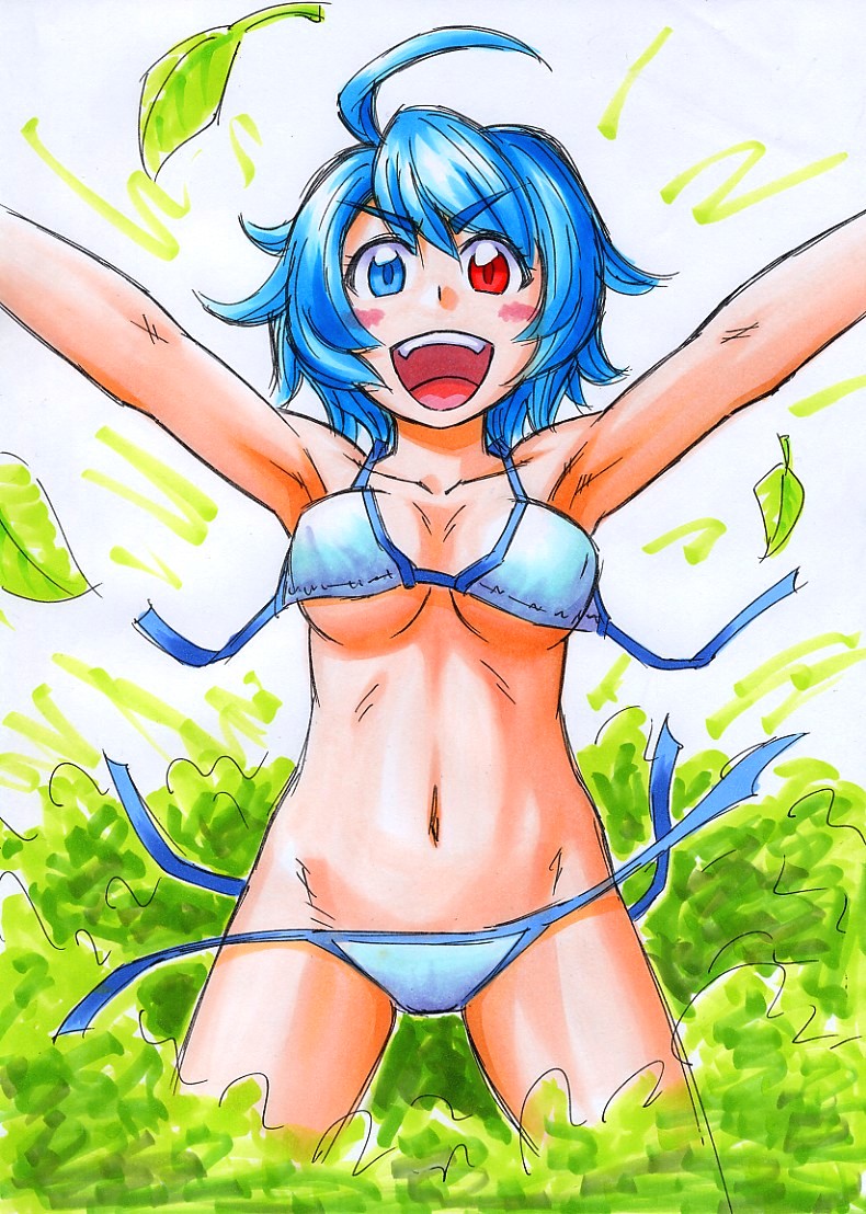 1girl, :d, ahoge, armpits, ballpoint_pen_(medium), bikini, blue_eyes, blue_hair