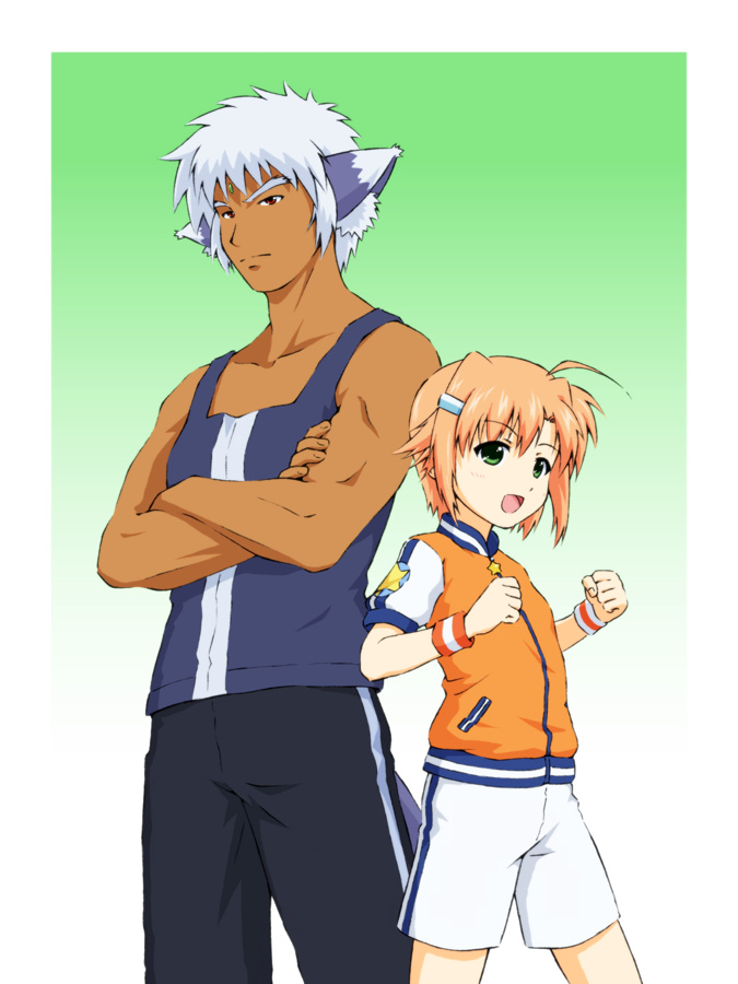 10s, 1boy, 1girl, animal_ears, candy_apricot_(ymmryso), crossed_arms, dark_skin, dark-skinned_male